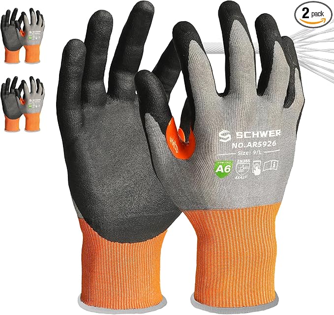 Schwer A6 AIR-SKIN Cut Resistant Work Gloves, Comfortable & Breathable, 21-Gauge Seamless Knit Flexible Safety Working Gloves with Grip for Refined Tasks, Touch-screen, Non PFAS, 2 Pairs, S, AR5926