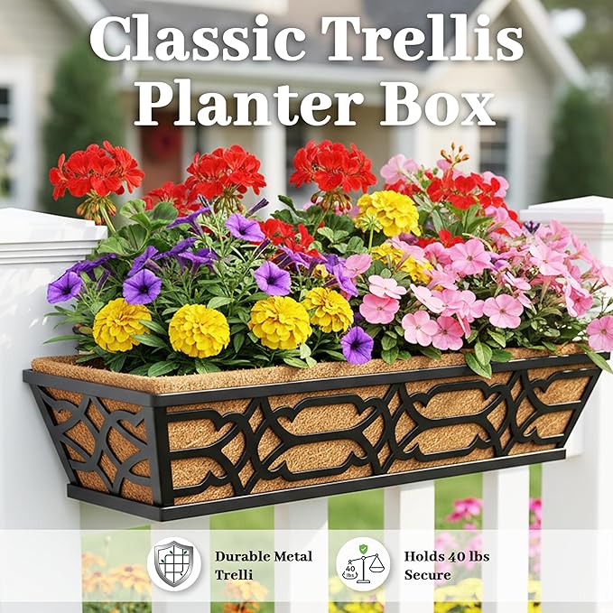 Railing Planter Box, Window Planter Boxes Outdoor 2 Pack 30 Inch Hanging Planter with Adjustable Bracket for Porch, Fence Flower Baskets with Coco Liners
