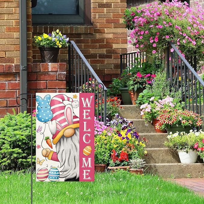 Welcome Easter Gnome Garden Flag 12×18 Inch Double Sided Vertical Spring Yard Outdoor Holiday Yard Lawn Garden Banner (Easter Garden Flag)