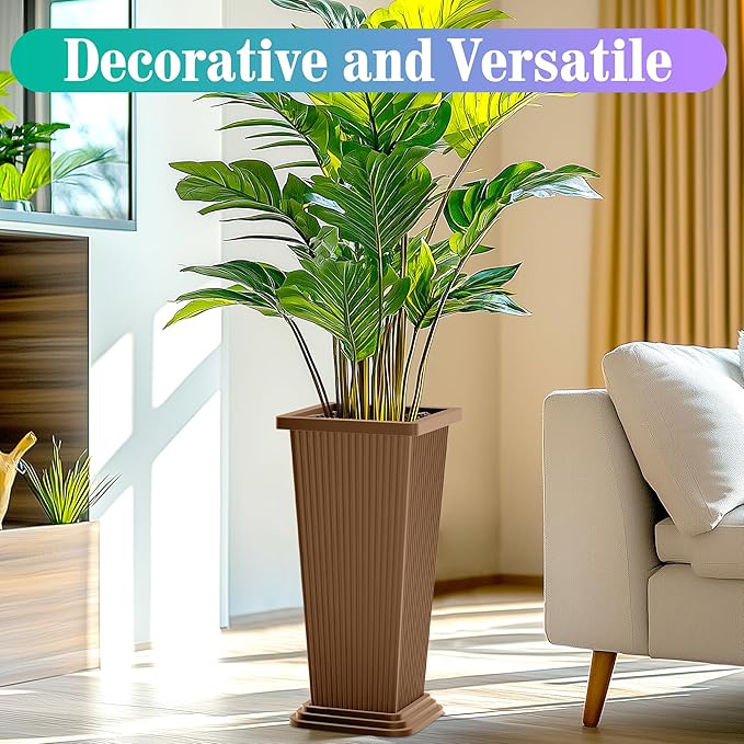 TUYOHW 24 Inch Tall Tapered Square Planters (Set of 2) - Indoor Outdoor Large Flower Pots with Built-in Drainage & Matching Water Tray for Patio, Garden, Home - Brown