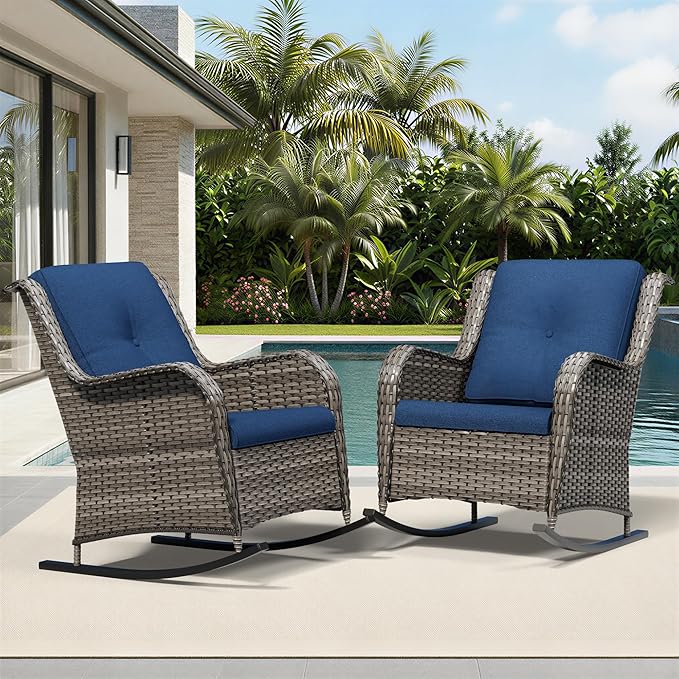 Joyside Outdoor Rocking Chairs Set of 2, Wicker Patio Furniture with High Back, Deep Seating, Wide Armrest, Thickened Cushions, Outdoor Rattan Furniture for Deck, Porch Use