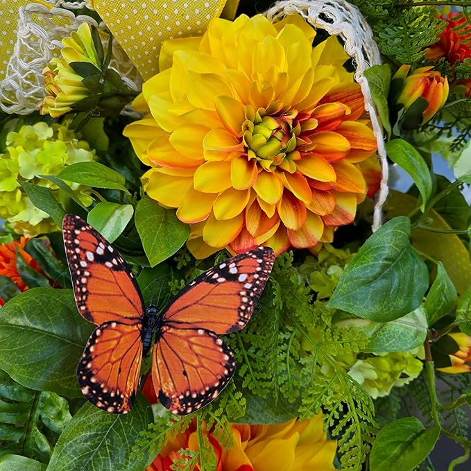 Orange Yellow Dahlia Faux Floral Swag for Front Door Spring Wreath Porch Decor - Spring Front Door Swag Teardrop Butterfly Floral Arrangement -