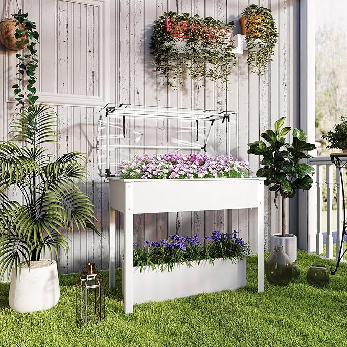 Outsunny Raised Garden Bed with Flip-Up Greenhouse Cover, Elevated Planter Box with Legs and Drainage Hole for Vegetables Flowers Herbs, 39.4" x 18.9" x 48.8", White