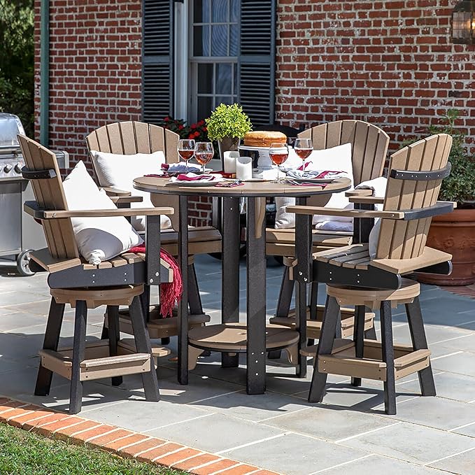 DutchCrafters Recycled Poly Round Balcony Dining Set, Table with 4 Chairs, Bar Height, Swivel Chairs, 5 Piece Patio Furniture Set, Amish Made in USA, Two-Toned Colors (Weatherwood & Black)