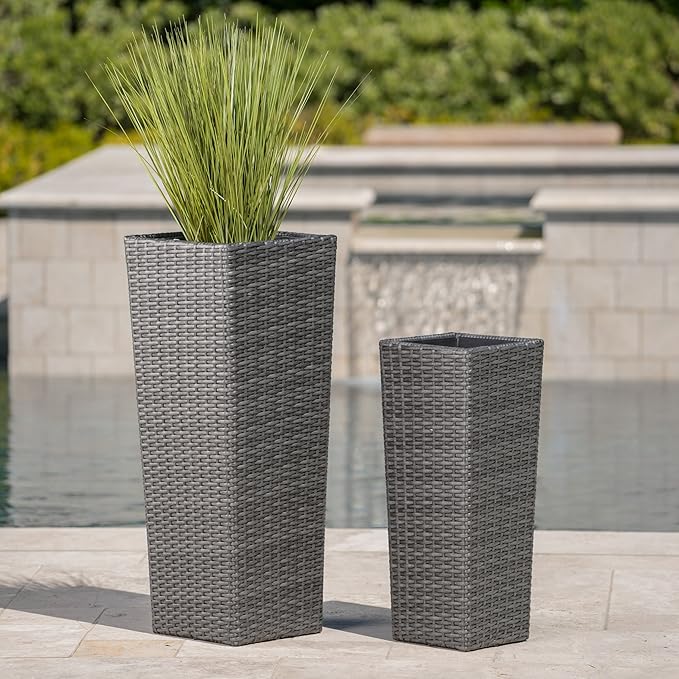 32"H Outdoor Rattan Flower Pots Set of 2,Patio Wicker All-Weather Planter Set,Rattan Plant Pots with Iron Frame for Herb Garden,or Indoor Decor,Large & Small Sizes, No Assembly Required Gray