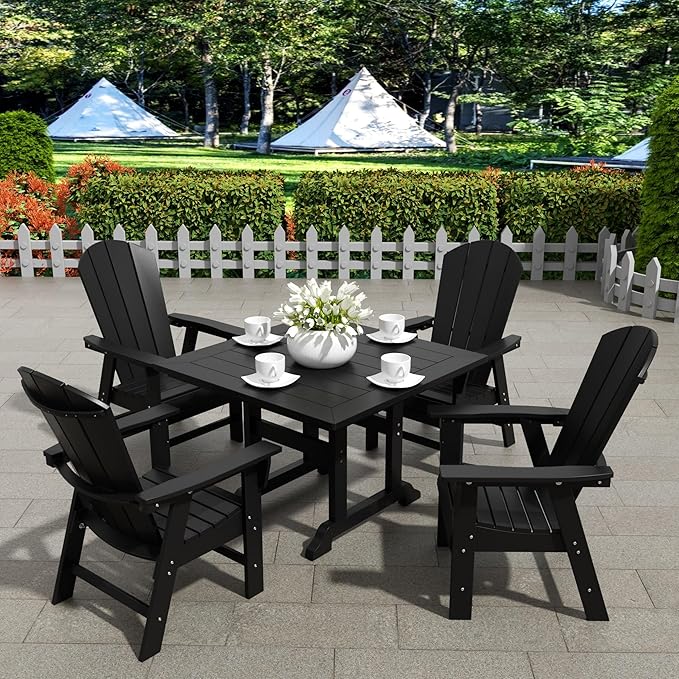 WestinTrends Malibu 5 Piece Adirondack Outdoor Dining Set, All Weather Poly Lumber Patio Table and Chairs Furniture Set, 43" Trestle Square Dining Table and 4 Adirondack Dining Chair, Black