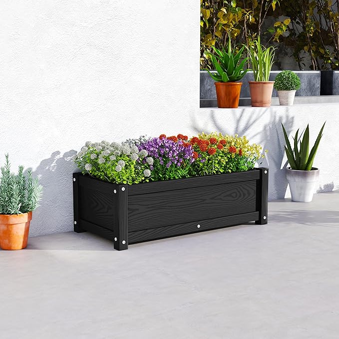 HDPE Planter Box, All-Weather Outdoor Garden Bed Easy to Assemble, Drainage System, Low Maintenance, Non-Fading, for Flower/Herb/Seed (Black)