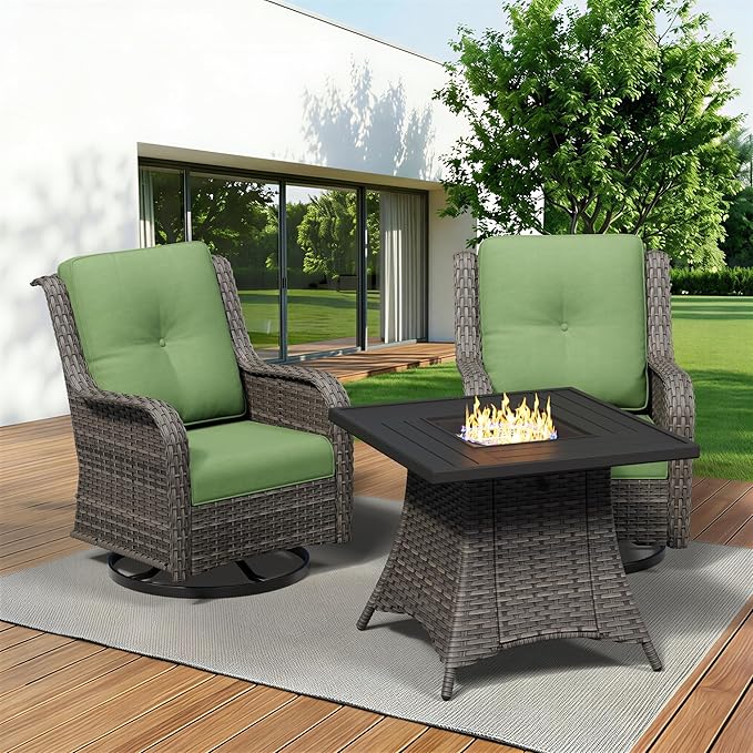 3 Pieces Outdoor Wicker Patio Furniture Set with Fire Pit Table, Swivel Rocker Patio Chairs Set with Thickened Cushions, High Back and Deep Seating, Hand-Woven PE Rattan for Porch, Deck