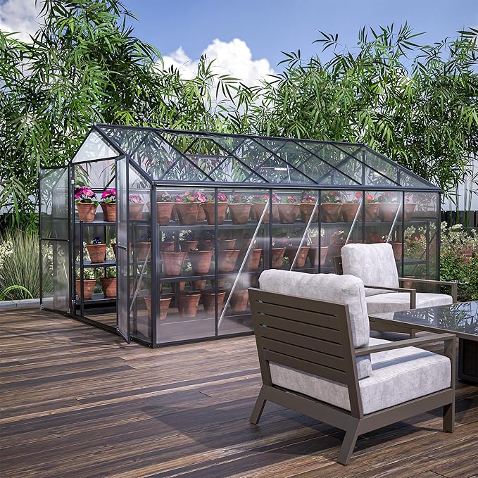 8x12 FT Greenhouses for Outdoor, Heavy Duty Polycarbonate Greenhouse,Large Walk-in Garden Green House with Double Doors and Two Ventilation Windows for Outside, Backyard,Black