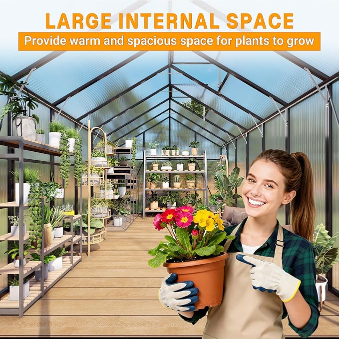 Greenhouse for Outdoors 10x14X8.7FT, Polycarbonate Greenhouses with Stronger Wind Protection and Roof Vent, Walk-in Large Aluminum Winter-Proof Sunroom, Black