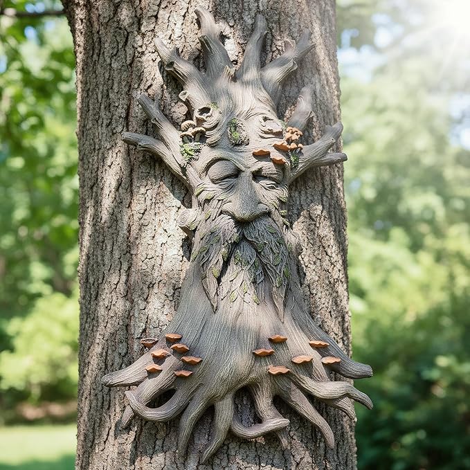 12" Real Tree Face Hugger Statue, Garden Trees Tree Huggers Decor with Mushroom Foliage Features, Outdoor Fairy Elve Accent Yard Art, Halloween Trees Decorations Outdoor Wall Mounted Statue