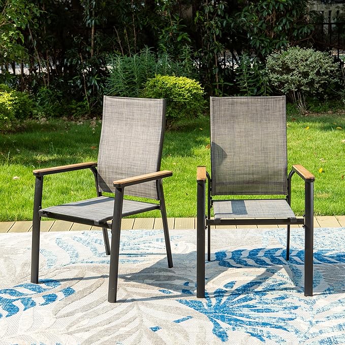 PHI VILLA Outdoor Stackable Chairs, Patio Chairs Set of 2, Light Weight Aluminum Frame with Textilene Fabric & Wood Armrest, High Back Deck Chairs for Poolside Lawn Garden, Gray