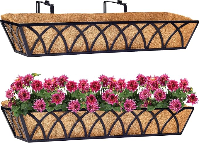 HFHOME 2 Pcs 30" Window Box Deck Railing Planter with Horse Trough Coco Liners, Black Metal Hanging Flower Planters Baskets for Indoor, Outdoor, Balcony, Porch, Fence, Patio, and Lawn