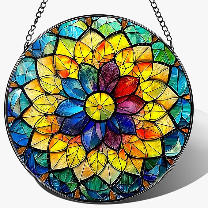 LAOWEIKI 8'' Rainbow Mandala Sun Catcher Ornament, Stained Glass Window Hanging, Sun Catchers for Windows Hanging Ornaments, Window Decor, Ideal Gift | Colorful Spiritual Gifts for Her