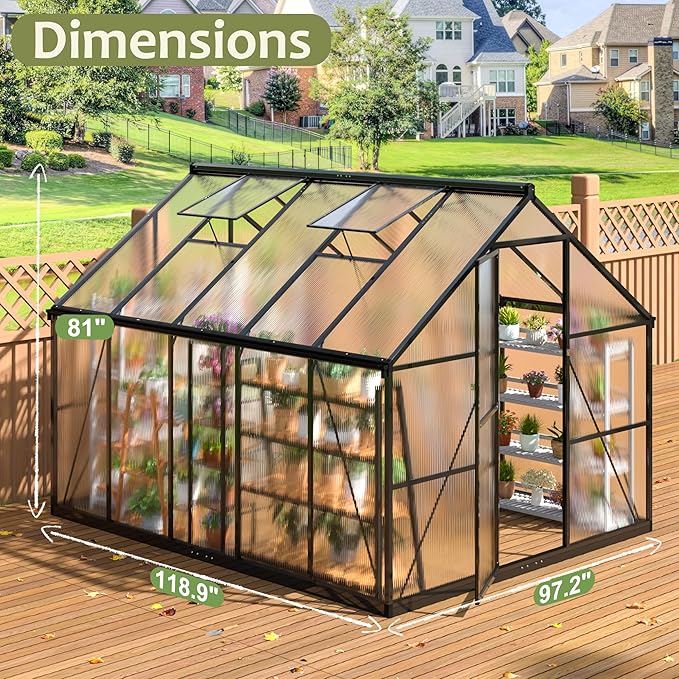 8x10 FT Greenhouse for Outdoors, Quick Setup Polycarbonate Green House with Roof Vent, Aluminum Large Walk-in Greenhouse for Outside Garden Backyard, Black