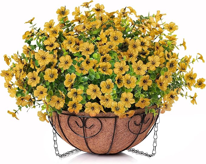 HyeFlora Artificial Fake Fall Hanging Mums Plants Flowers Basket for Outdoor, Autumn Faux Silk Yellow Daisy in Hang Planter Look Real UV Resistant for Porch Home Patio Balcony Yard Decor