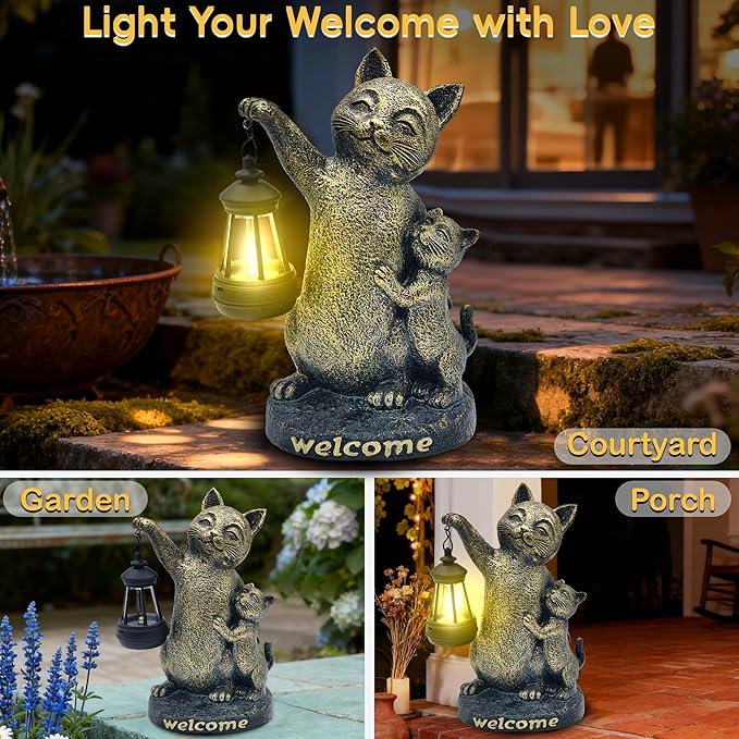 Cat Garden Statue Outdoor Decor - Solar Cat Garden Statue,Cats Figurine Ornaments,Waterproof Outdoor Sculptures for Yard Lawn Backyard Patio Balcony Home Decorations,Unique Cats Gifts for Women