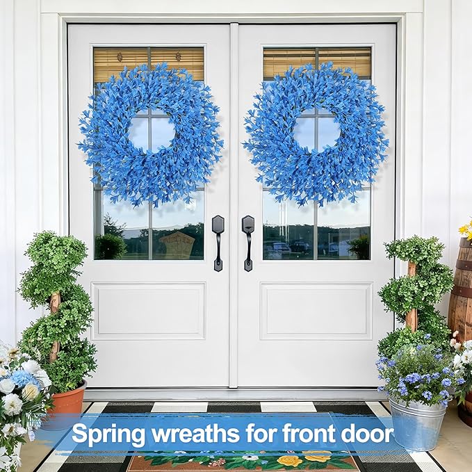 26 Inch Spring Wreaths for Front Door Large Easter Valentines Forsythia Floral Summer Spring Door Wreaths Outdoor All Season Spring Decorations for Home Porch Room Window Wall Farmhouse Decor (Blue-R)