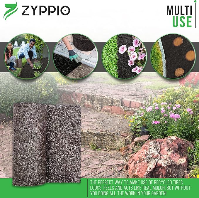 Black Rubber Mulch Border for Landscaping, 8' L x 2' W Roll, Natural-Looking Permanent Garden Barrier for Plants, Vegetables, and Flowers, Recycled and Sustainable, 16 Plastic Anchors Included