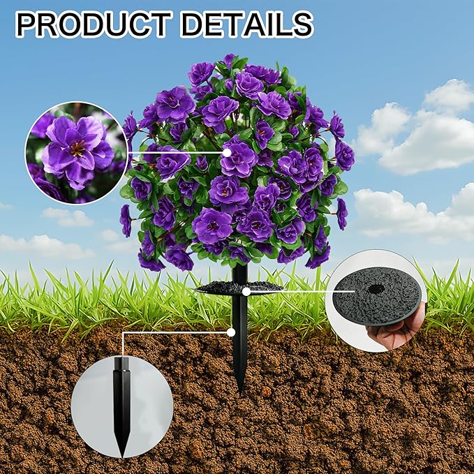 AZXVT Artificial Flowers for Outdoors, Faux Outdoor Plants Fake Plants Topiary Balls Artificial Outdoor Set of 2 with Ground Spike for Home Front Porch Patio Garden Decor (Purple)