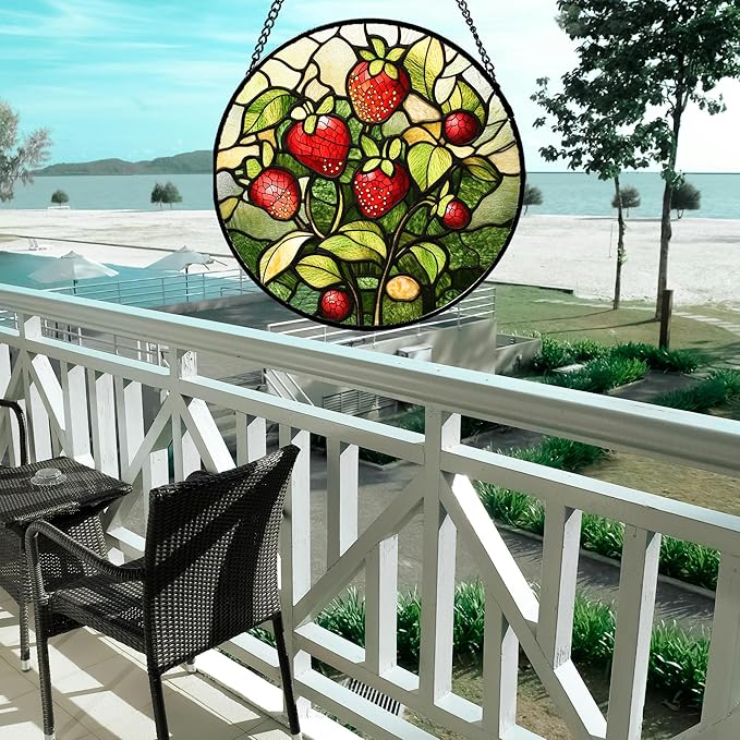 HWRHTR Stained Glass Window Hanging - Red Strawberry Suncatcher for Doors Window Home Green Plant Sun Catchers Decor Christmas Mother's Day Birthday Gifts for Teacher Women Men Mom Nana 11.8 in