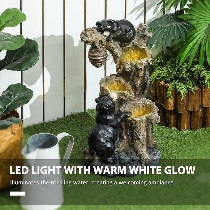 Outsunny 22.4" Tall Outdoor Water Fountain, 3-Tier Floor Standing Resin Bears and Honey Beehive Tree Waterfall Fountain with LED Lights, Pump for Garden, Patio, Backyard