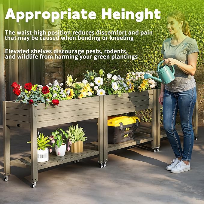 GYMHILL Elevated Raised Garden Bed with Wheels,Outdoor Large Resin Patio Planter Box Stand Divisible with Drain Plug,Water Monitor for Plants Vegetables Flowers Fruits(Grey,43.31 * 17.72 * 33.66)
