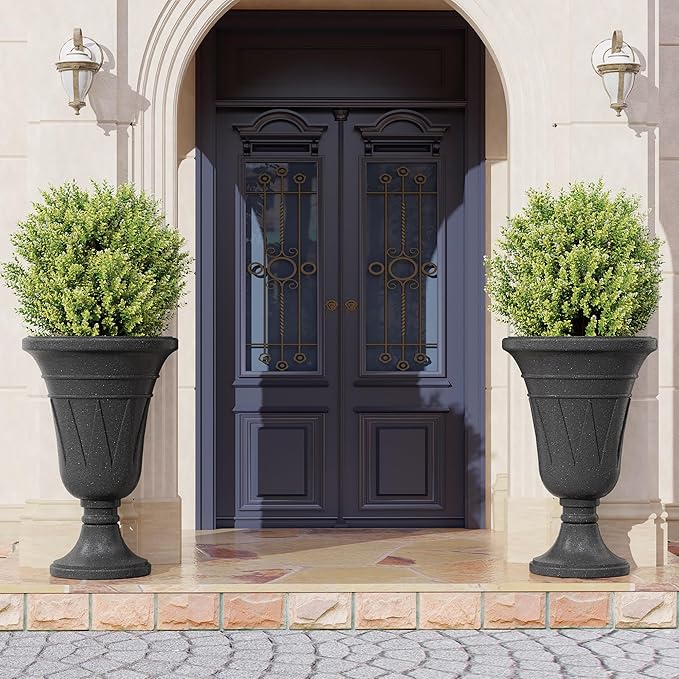 seethmi 23" Tall Planters for Outdoor Plants Set of 2, Planter with Drainage Holes and Trophy Design, Large Outdoor Planters for Porch, Garden, Black