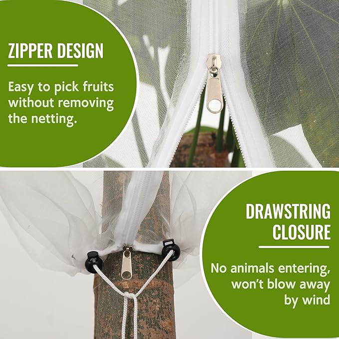 2 Pack Fruit Tree Netting Bags with Zipper and Drawstring, 4 x 5ft Ultra Fine Mesh Garden Netting Plant Cover, Bird Netting for Blueberry Bushes, Fruit Trees, Flowers (White, 4 x 5 ft)