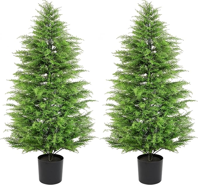 SEVENLOVE 48" Artificial Cedar Topiary Tree Set of 2, 4ft Cypress Tree Topiary Faux Evergreen Shrub Plant for Front Porch Home Office Decor (4FT) ﻿