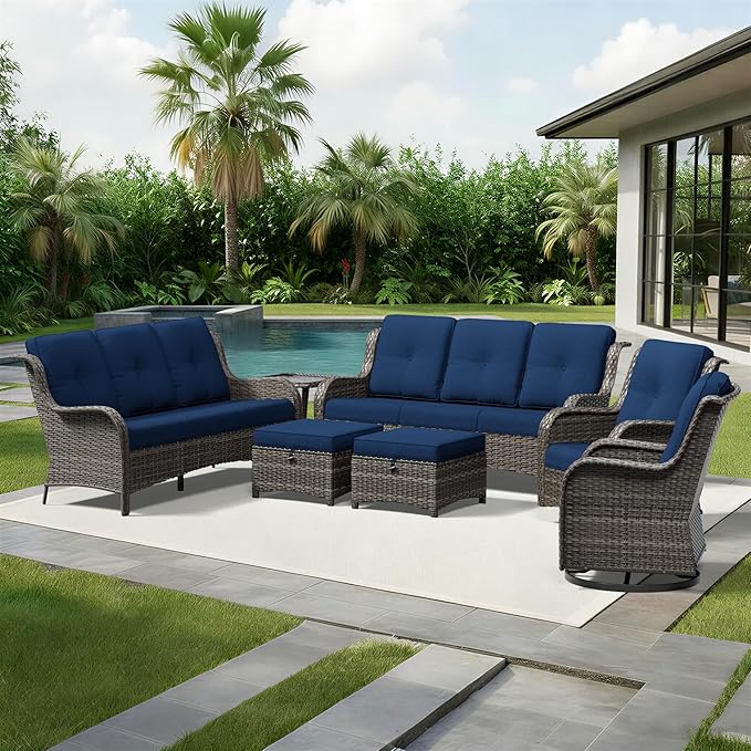 Joyside 7 Piece Wicker Patio Furniture Set, Outdoor Swivel Rocker Patio Chairs with High Back, Deep Seating, Wide Armrest, Thickened Cushions, Outdoor Furniture for Deck, Porch Use