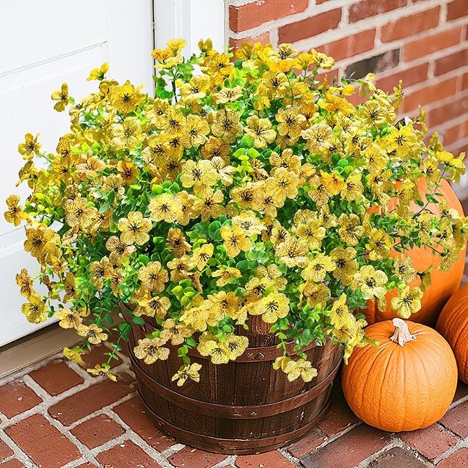 florisso Artificial Fake Fall Yellow Mums Flowers Plants for Outdoor Outside, 12 Bundles Autumn Faux Silk Daisy UV Resistant Realistic for Porch Patio Home Window Box Yard Garden Planter