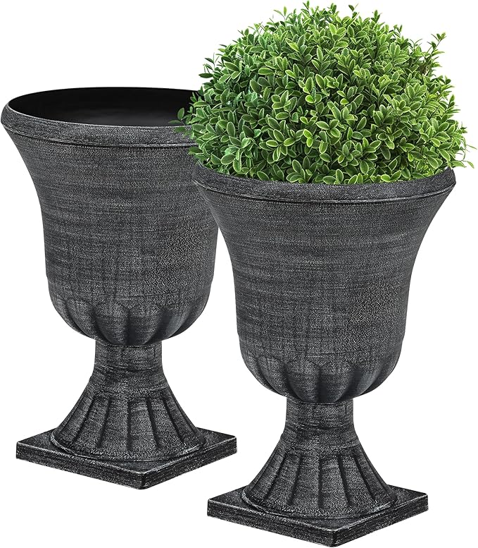 Autodaya 22" Urn Planters Outdoor Planter for Plants Set of 2 Timeless Plastic Large Flower Pot with Drainage Hole Handmade Washed Black Finish Garden Pots for Porch, Patio Christmas Decor
