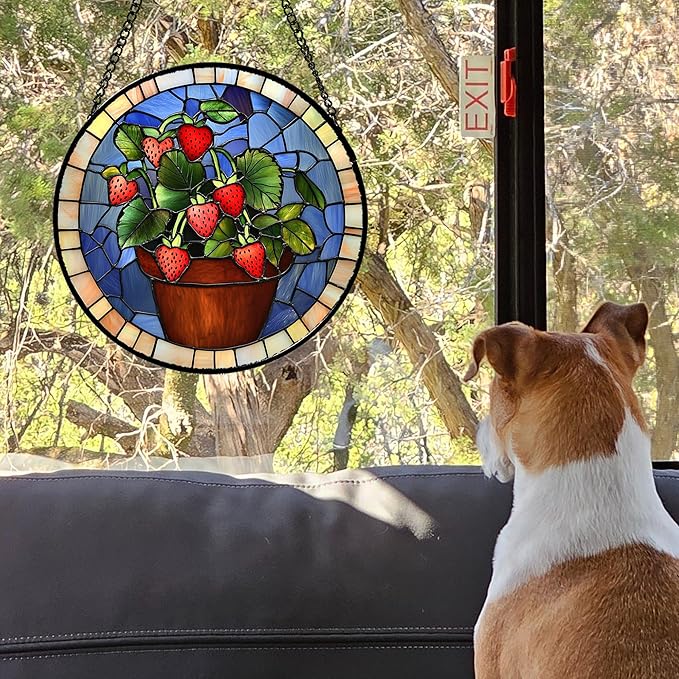 Stained Glass Window Hanging Red Strawberry Potted Plants 6.3" - Suncatcher Door Garden Sun Catcher Fall Home Decor Birthday Christmas for Mom Men Woman Nana Friend