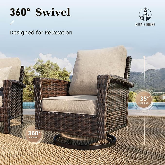 Luxury Patio Furniture Set with 5.5" Thick Cushion, Outdoor Wicker Conversation Set, 4 x High Back Swivel Patio Chairs with Tempered Glass Table, Waterproof 3-Seat Sofa for Deck Lawn Deck Yard, Beige