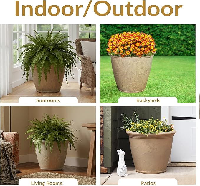 Sunnydaze 24-Inch Anjelica Large Plastic Pot for Plants - Double-Walled Outdoor Polyresin Round Planter Porch Pot with Drillable Drainage Holes - Beige
