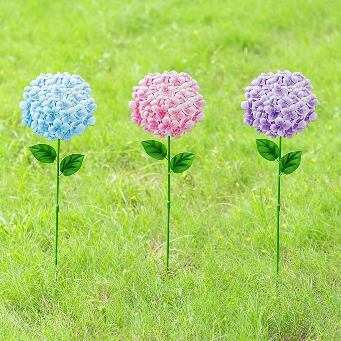 Glitzhome Set of 3 Hydrangea Garden Stakes, Metal Flower Yard Stakes with Hand Painted Color Design, Iron Garden Yard Spring Decor or Wall Decor, 24”H