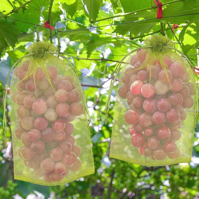 DECYOOL 120 PCS Fruit Protection Bags 8x12 inch, Green Fruit Bags for Fruit Trees Fruit Netting Cover Drawstring Mesh Bags Suit for Mangoes Tomatoes Fruit Trees Veggies Garden