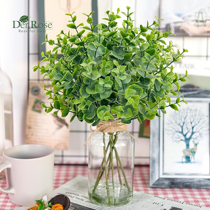 Der Rose 14.5" Fake Plants for Bathroom Decor Artificial Eucalyptus Stems in Clear Glass Vase with Faux Water for Office Desk Accessories Home Wedding Decor