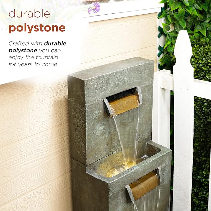 Alpine Corporation 40" Tall Two-Tier Modern Polystone Floor Fountain with Warm White LED Lightsl, Gray