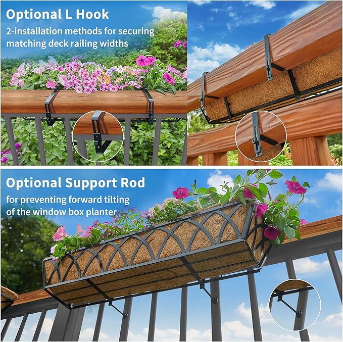 HFHOME 2 Pcs 30" Window Box Deck Railing Planter with Horse Trough Coco Liners, Black Metal Hanging Flower Planters Baskets for Indoor, Outdoor, Balcony, Porch, Fence, Patio, and Lawn
