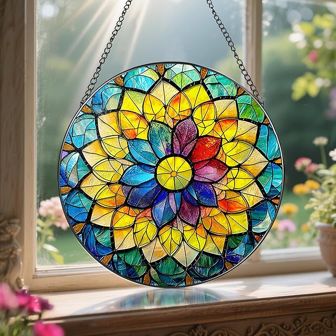 LAOWEIKI 8'' Rainbow Mandala Sun Catcher Ornament, Stained Glass Window Hanging, Sun Catchers for Windows Hanging Ornaments, Window Decor, Ideal Gift | Colorful Spiritual Gifts for Her