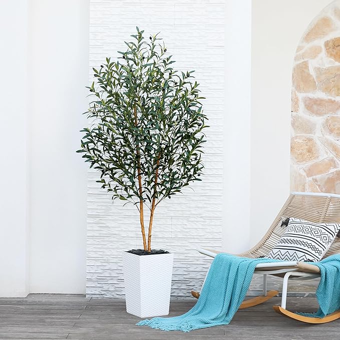 VeriNatural Artificial Olive Tree 6FT - Tall Faux Olive Trees with Natural Wood Trunk, Silk Leaves, White Taper Planter & Pebbles, UV Resistant Fake Plants Indoor for Home Decor, Office,Outdoor,VN131