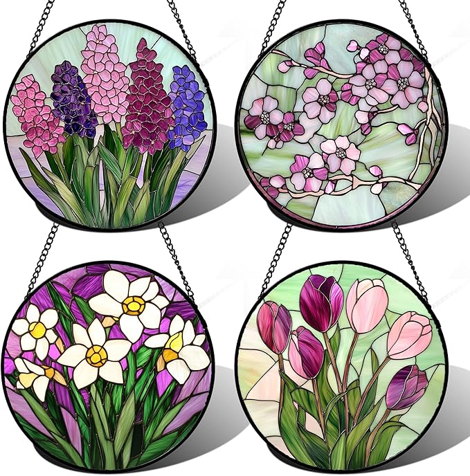 AMDERVEN Stained Glass Window Hanging 4 Pcs Set Tulips Plum Flower Daffodils Hyacinths 6.3" - Suncatcher Door Garden Sun Catcher Decor Birthday Mother's Day for Mom Woman Nana