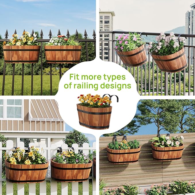 Wooden Hanging Planter for Railing Fence Outdoor Planter Railing Planter Boxes for Plants Wall Planters Window Flower Box Hanging Bucket Pots Countryside Plant Holder (Brown,2pcs,Large)