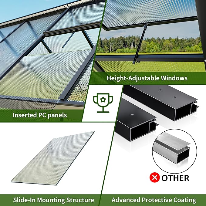WKM 4x6 FT Greenhouse for Outdoors, Quick-fit Structure Polycarbonate Green House with Window for Ventilation, Walk-in Aluminum Greenhouse for Outsides Garden Backyard, Black