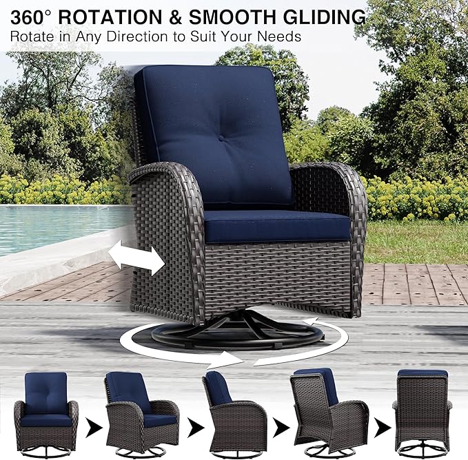 Joyside Outdoor Swivel Rocker Chairs, 3 Piece Wicker Patio Set with Thickened Cushions, High Back, Deep Seating, Wide Armrest, Outdoor Swivel Chairs for Porch, Deck