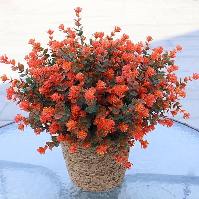 BCBLF Artificial Flowers for Outdoors, 12 Bundles UV Resistant Realistic Faux Plants for Outside Porch Planter, Spring Summer Home Garden Decoration, Green Orange