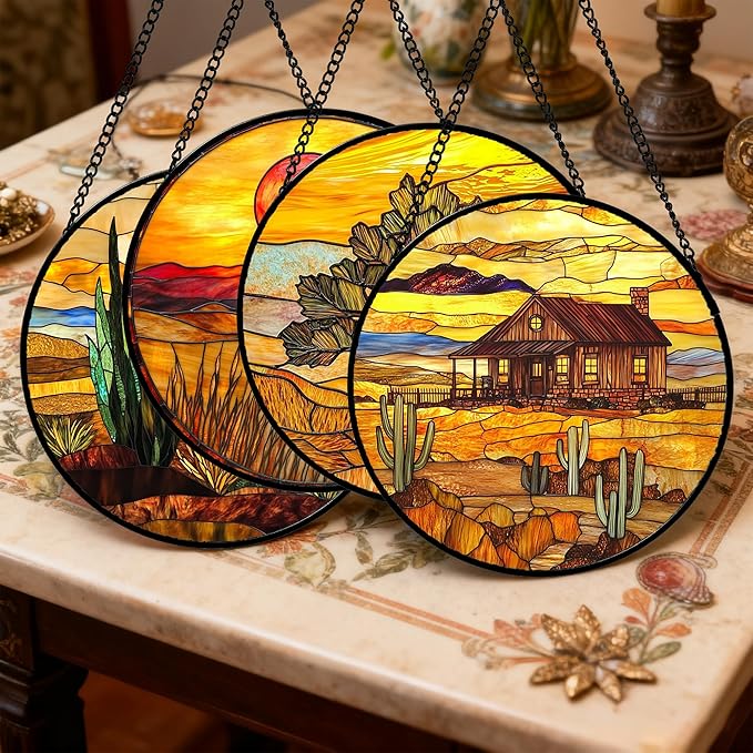 DASTOLL Stained Glass Window Hanging 4 Pcs Set Desert Sunset Theme Landscape Large 11.8" - Suncatcher Door Garden Sun Catcher Decor Birthday Christmas for Mom Woman Nana Men