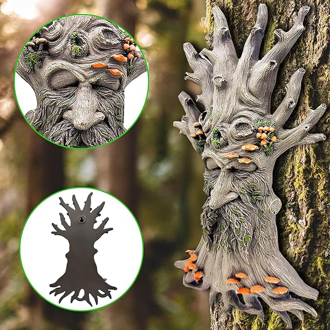 Teaeeno Charming Tree Face Garden Decor, Whimsical Old for Man Resin Statue with Foliage Features, Large Outdoor Tree Hugger for Yard Art, Root Detail,Trees Decor Outdoor Wallmounted Statue (Mushroom)